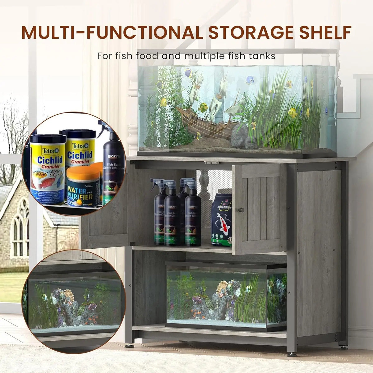 Metal Fish Tank Stand with Cabinet for Accessory Storage