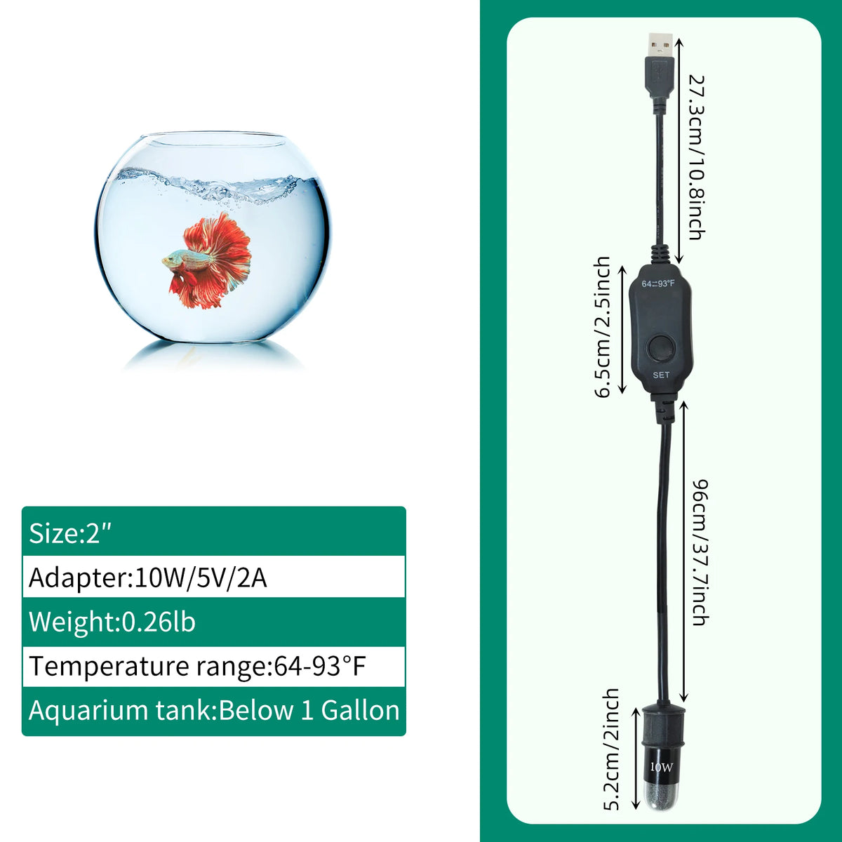 USB Adjustable 10W Mini Aquarium Heater with LED Display Thermostat - PlantedPro