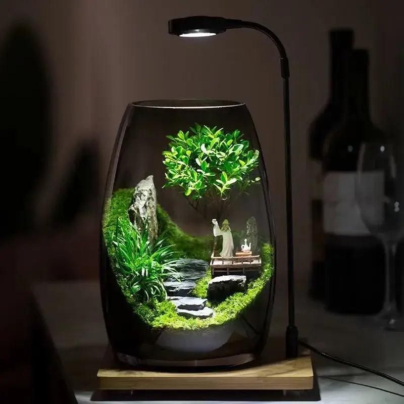 Sea Clouds Moss Micro-Landscape side angle showing full terrarium container and wave silhouette