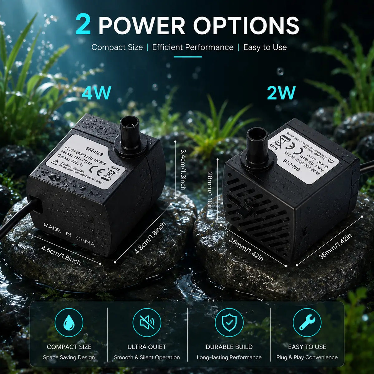 Ultra-Quiet Submersible Water Pump 2W/4W for Aquarium & Fountain