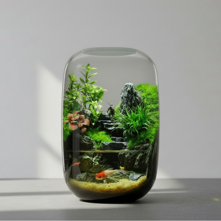 Glass terrarium with plants and rocks on a gray surface