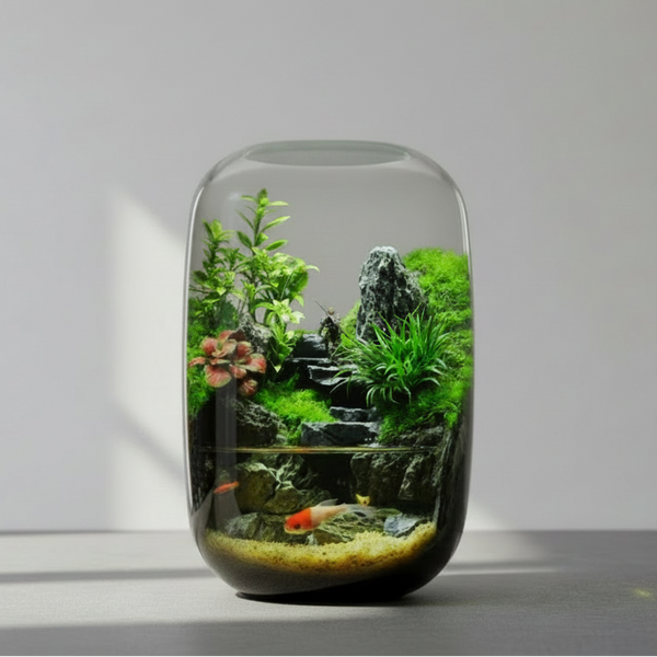 Glass terrarium with plants and rocks on a gray surface