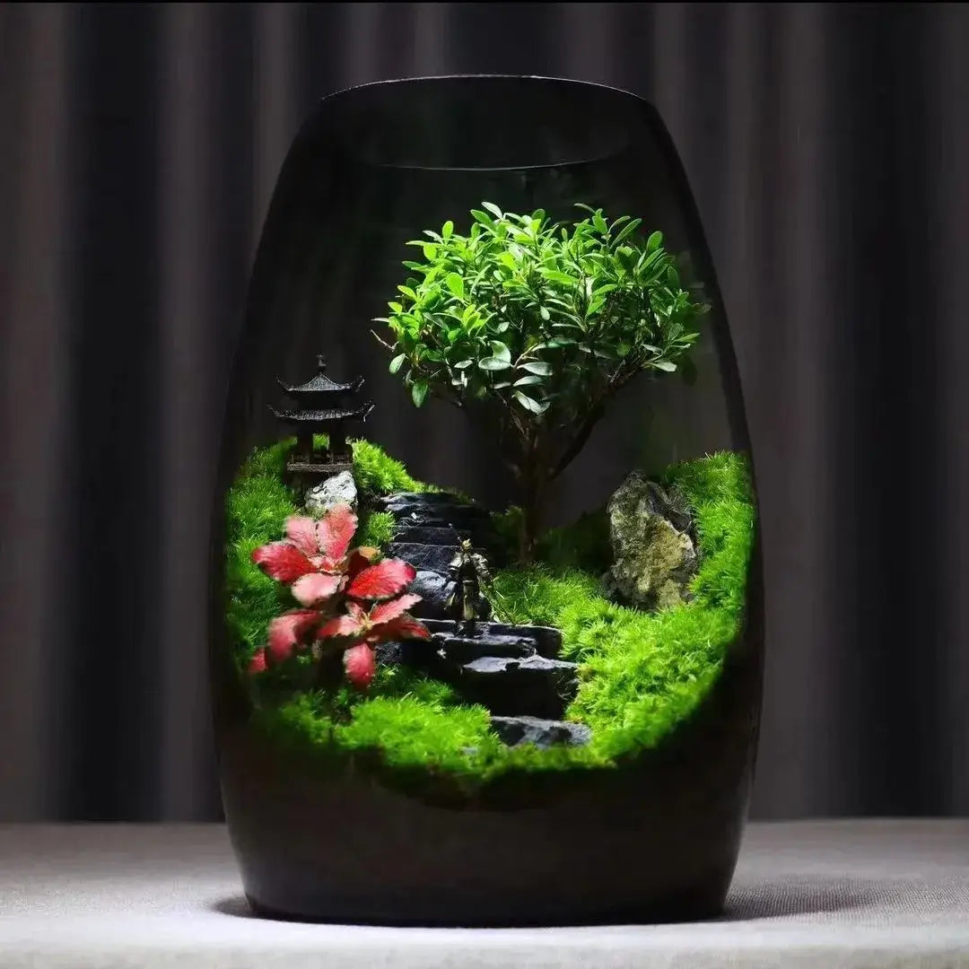 Close-up of ZenFlow Tabletop Micro-Landscape showing water flow detail over moss terrain
