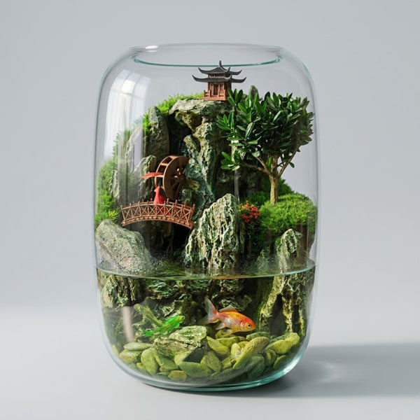 Serenity Zen Garden Desktop Aquarium - Miniature Asian Landscape Terrarium | Self-Sustaining Glass Ecosystem
