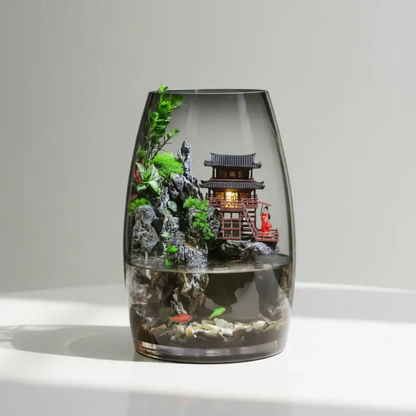 Zen Pagoda Mini Paludarium full view showing miniature pagoda structure with live plants and water feature