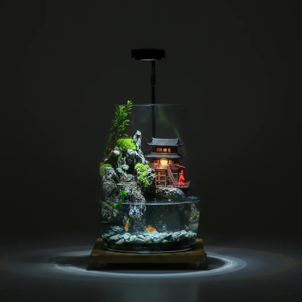 Zen Pagoda Mini Paludarium side angle showing combined water and land terrarium layout