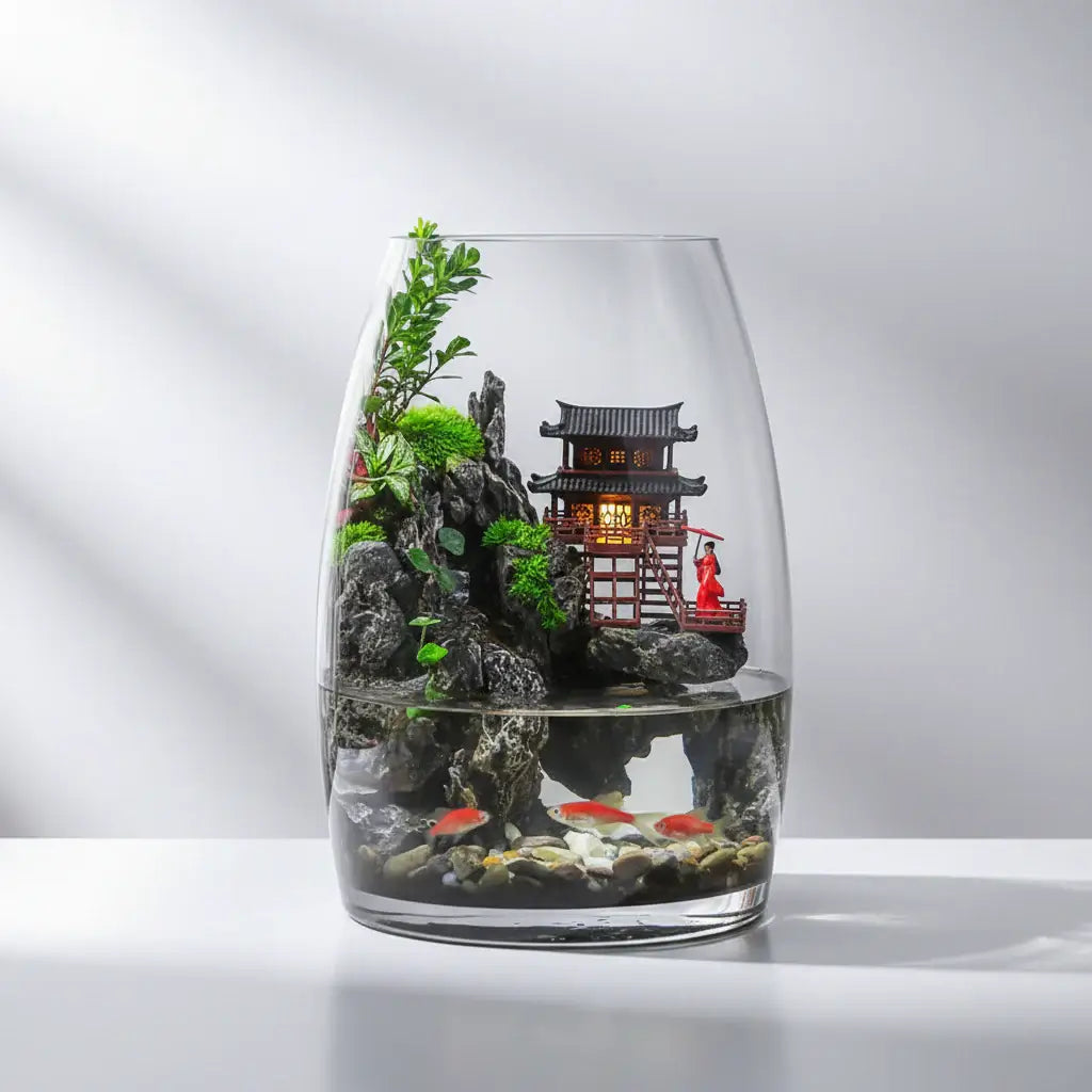 Zen Pagoda Mini Paludarium displayed on a desk as an Asian-inspired desktop ecosystem
